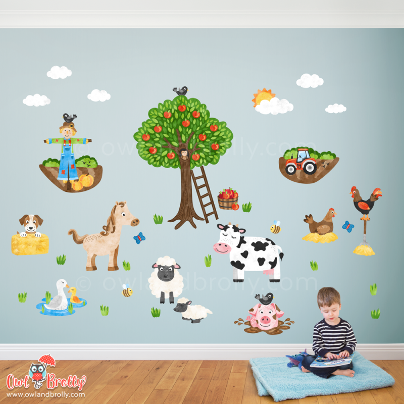 Farmyard Fabric Wall Stickers (medium scene) Owl & Brolly