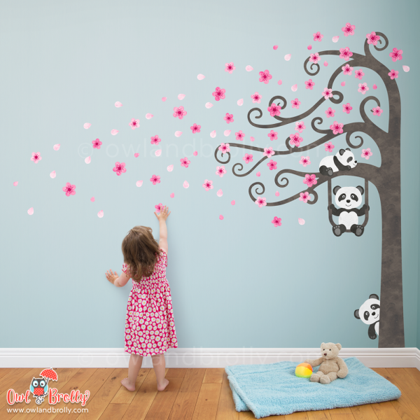 Panda and pink blossom tree wall stickers for a nursery room or child's bedroom. Featuring a side tree with a trunk extension decal if you need to set the tree higher to fit over furniture.