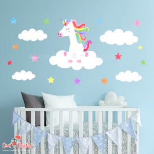 Rainbow and white unicorn wall decal set with clouds and stars. Perfect wall art to go over nursery furniture.