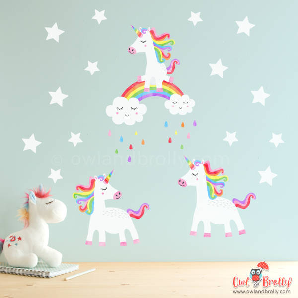 3 rainbow unicorn wall stickers for that smaller space. Set on 2 A4 sheets, it is a small set filled with little parts, and is a great accent wall decor set for a girls room with less space