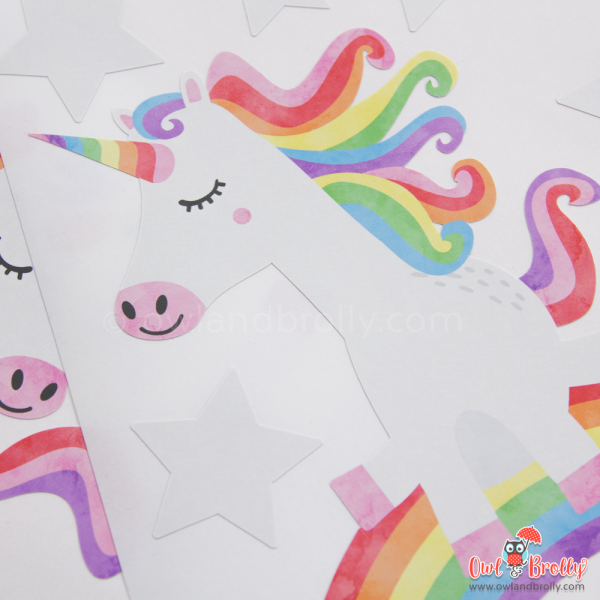 A close up of the quality of the unicorn wall stickers printed on a removable and reusable sticker at Owl and Brolly