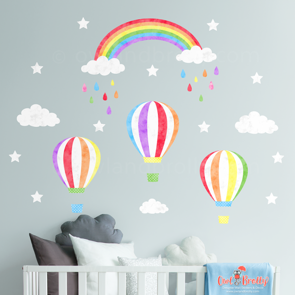 Rainbow hot air balloon wall stickers. Single peel and stick wall decals to go in a rainbow themed room or nursery.