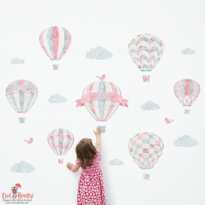 Vintage rose floral patterned wall sticker hot air balloons. Part of rose floral matching set on Owl and Brolly. This is the largest set made up of 7 single balloon decals, clouds and birds.
