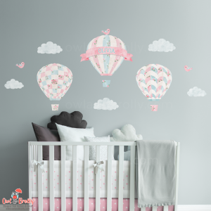 Vintage rose floral patterned wall sticker hot air balloons. Part of rose floral matching set on Owl and Brolly. This is the small set made up of 3 single balloon decals with custom name banner, clouds and birds.