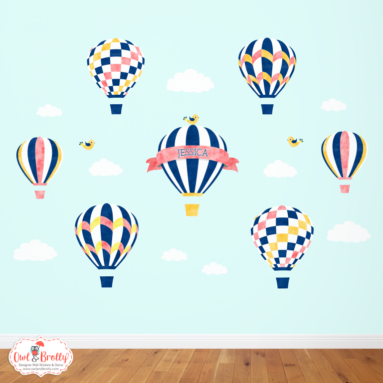 Hot Air Balloons Large Scene (Navy Coral Yellow and White) Owl & Brolly