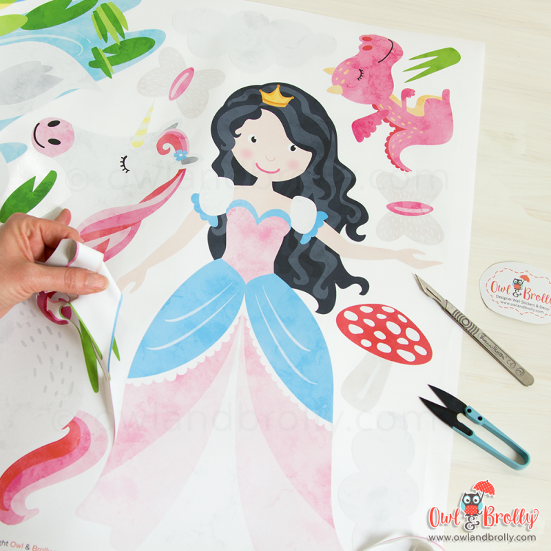 Fairytale Princess and Unicorn Fabric Wall Sticker Scene (medium) Owl