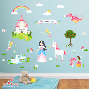 Enchanted fairytale princess unicorn wall sticker decals. This large wall sticker set is filled with fairytale kingdom favourites, a princess and unicorn, pink dragon, fairies, fairytale castle, rainbow, once upon a time banner, frog prince, swans and lots of grasses and flowers. All illustrated and printed at Owl and Brolly, on a removable and re-usable fabric sticker.
