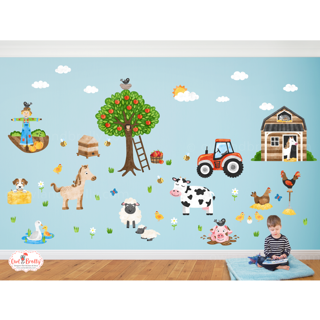 Farmyard Fabric Wall Stickers (large scene) Owl & Brolly