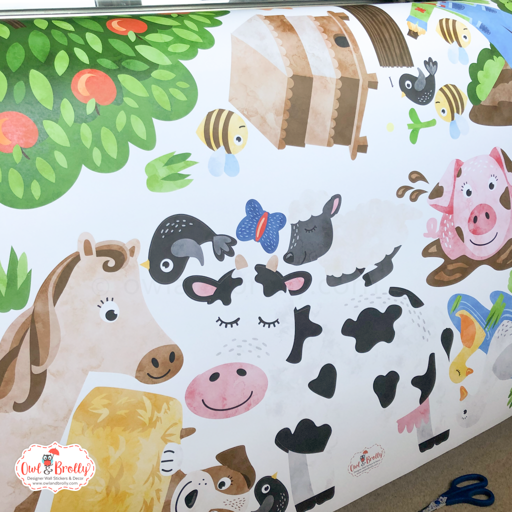 Farmyard Fabric Wall Stickers (large scene) Owl & Brolly