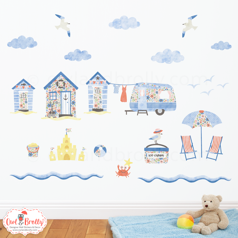 Beach Huts and Caravan Seaside Wall Stickers Owl & Brolly