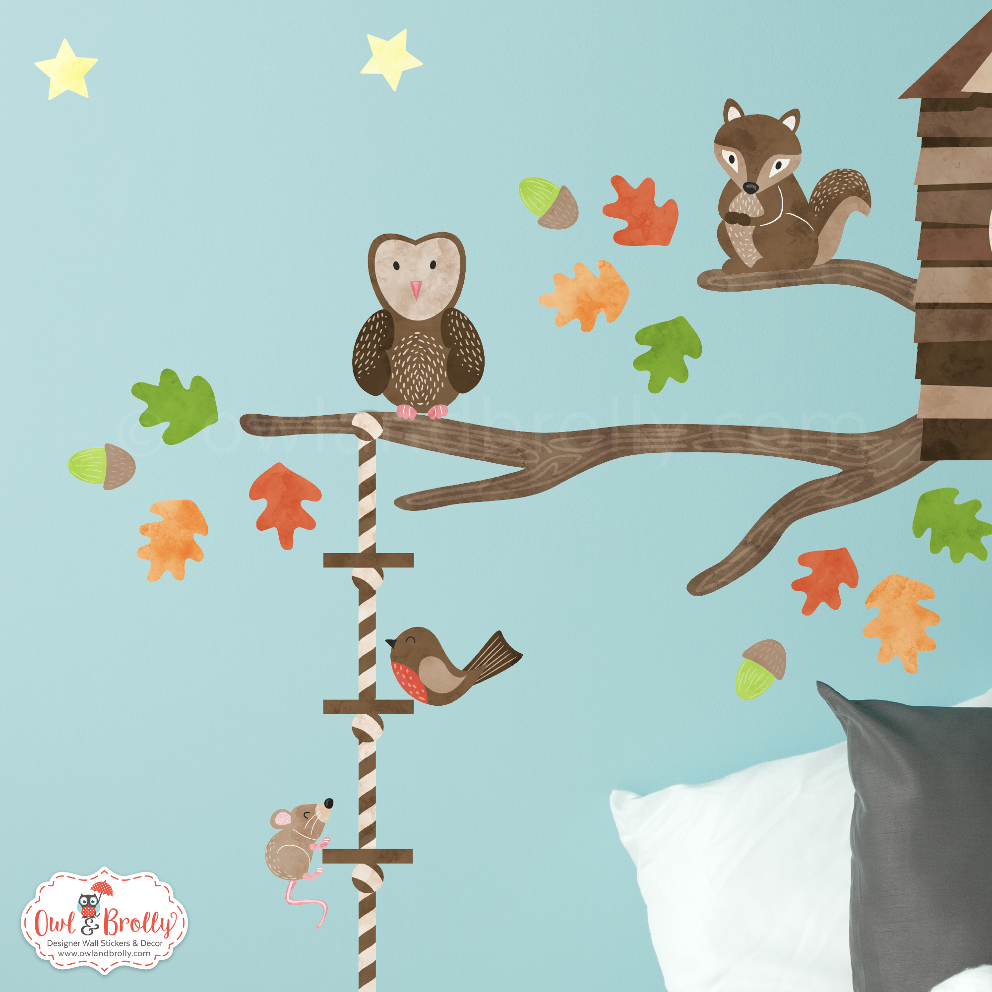 Woodland Animals Branch Tree House Wall Stickers in Autumn Colours (Small)  – Owl & Brolly