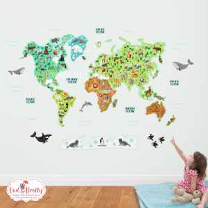 Animal world map wall sticker, part of the educational wall decals for fun learning at Owl and Brolly. This is the original neutral gender nursery wall decor set, shown in it's large size.