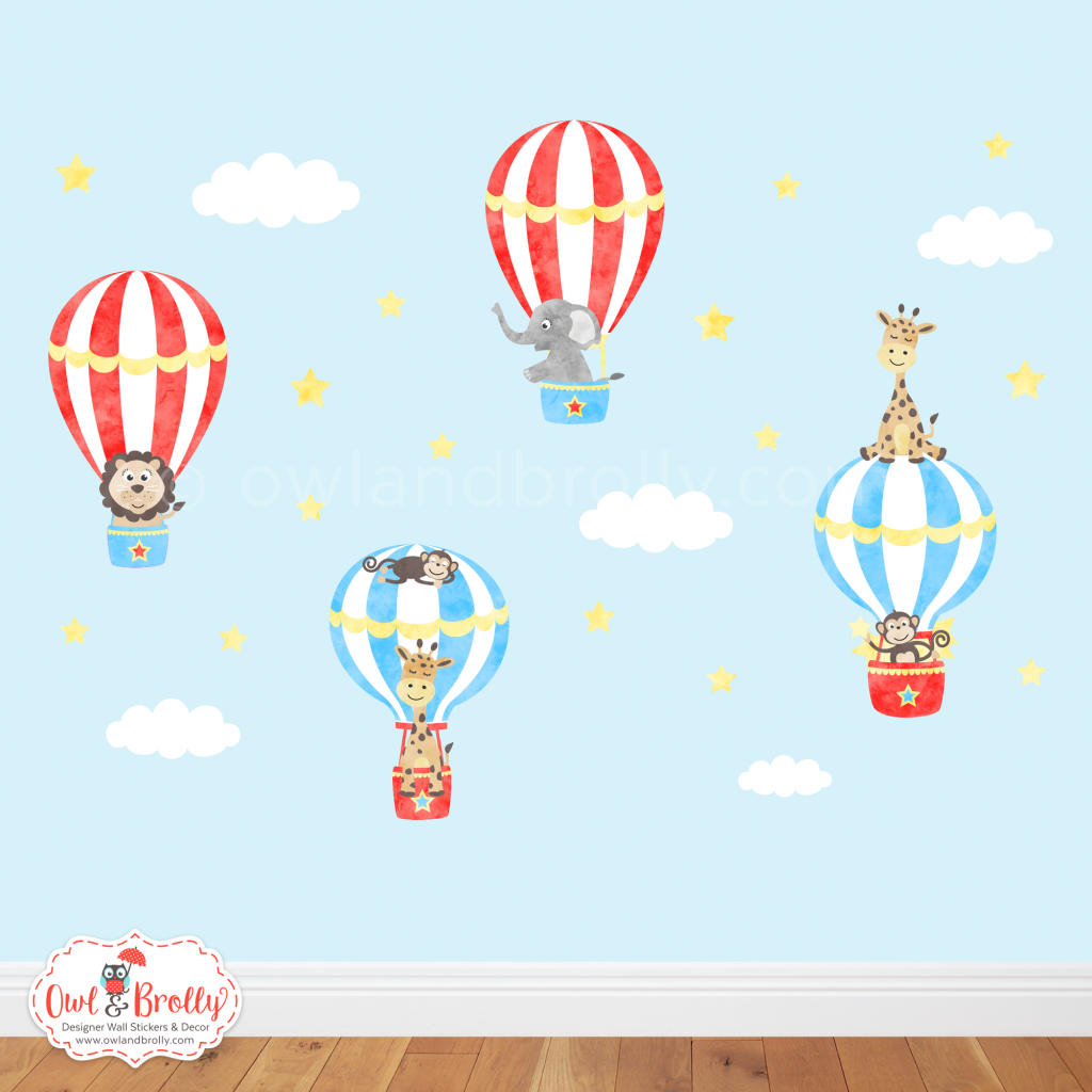 Circus Animal Hot Air Balloons Wall Stickers Owl & Brolly