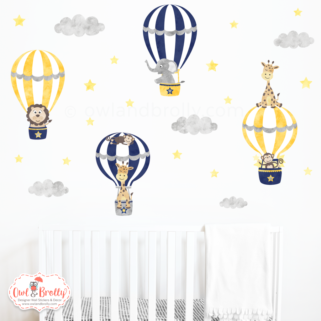 Jungle Animal Hot Air Balloons Wall Stickers (Navy Blue, Yellow and