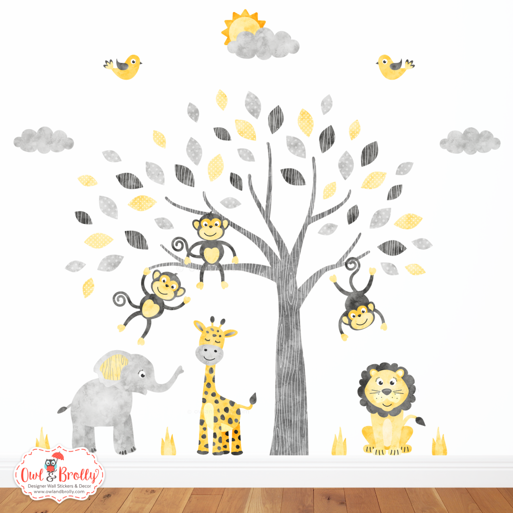 Jungle Animal Train Wall Stickers 5 Carriages Blue and Grey Owl