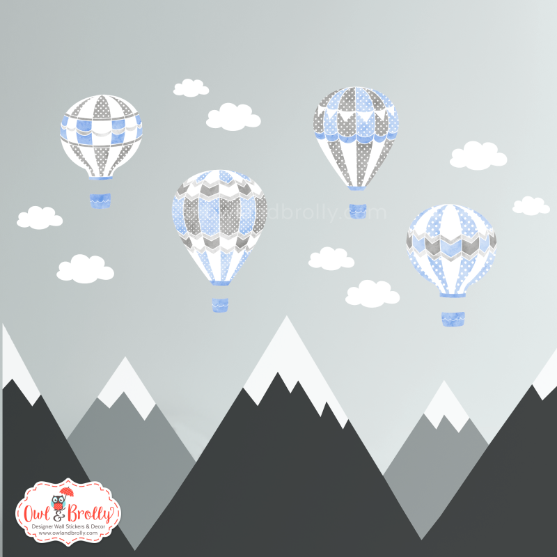 4 Hot Air Balloons Wall Stickers with Clouds in Blue and Grey Owl