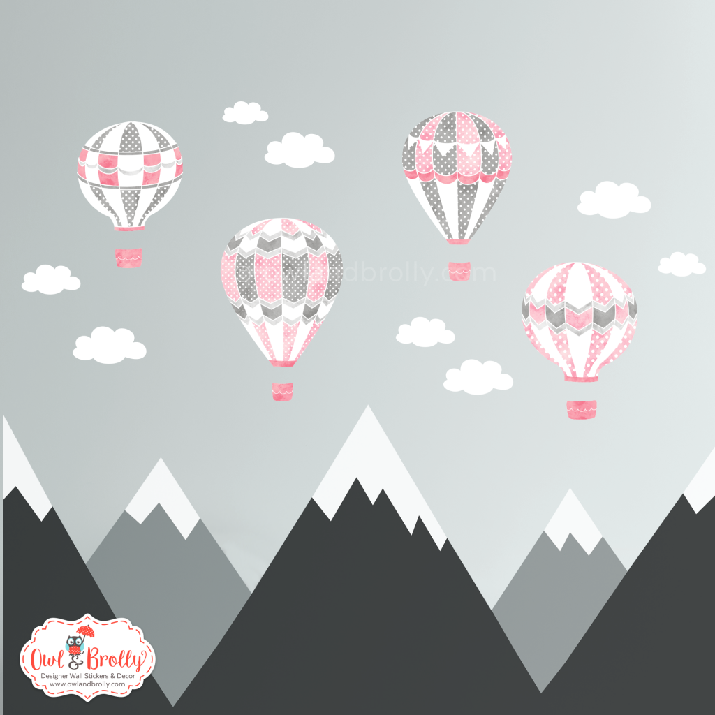 4 Hot Air Balloons Wall Stickers with Clouds in Pink and Grey Owl