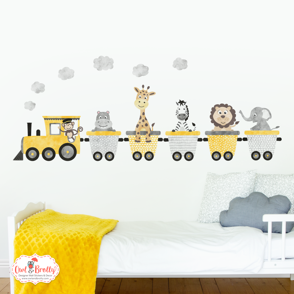 Jungle Animal Train Wall Stickers 5 Carriages Yellow and Grey Owl