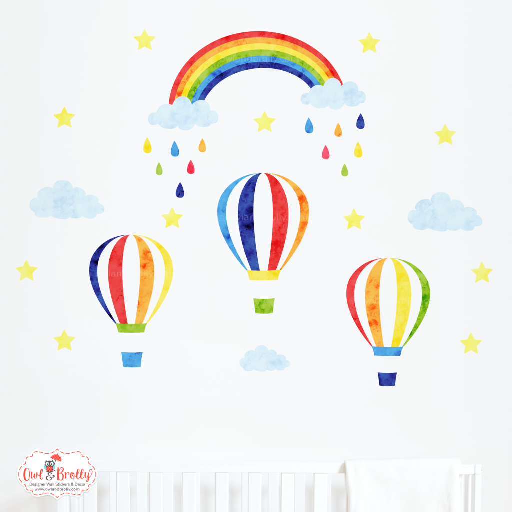 3 Rainbow Hot Air Balloons Wall Stickers with Rainbow in Deeper Colours