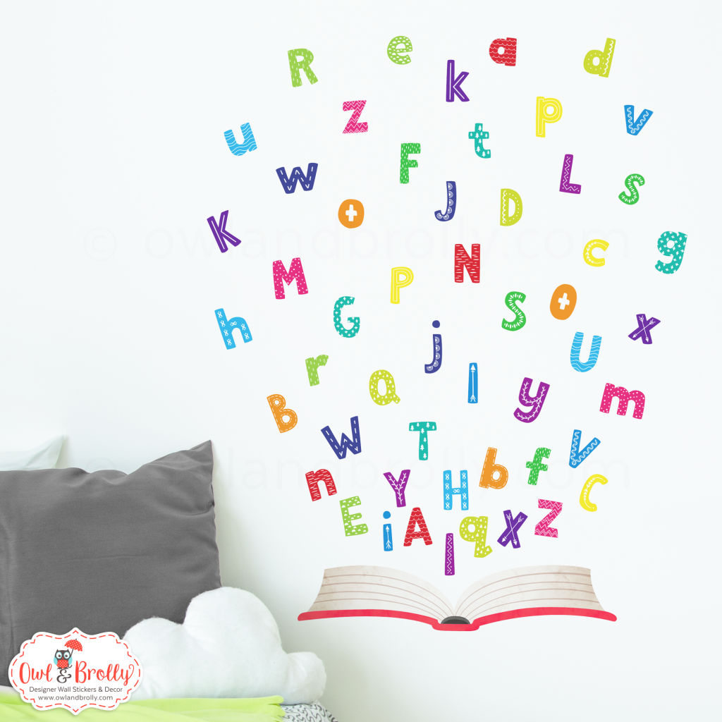 Alphabet wall sticker letters Scandi font in rainbow colours Owl & Brolly