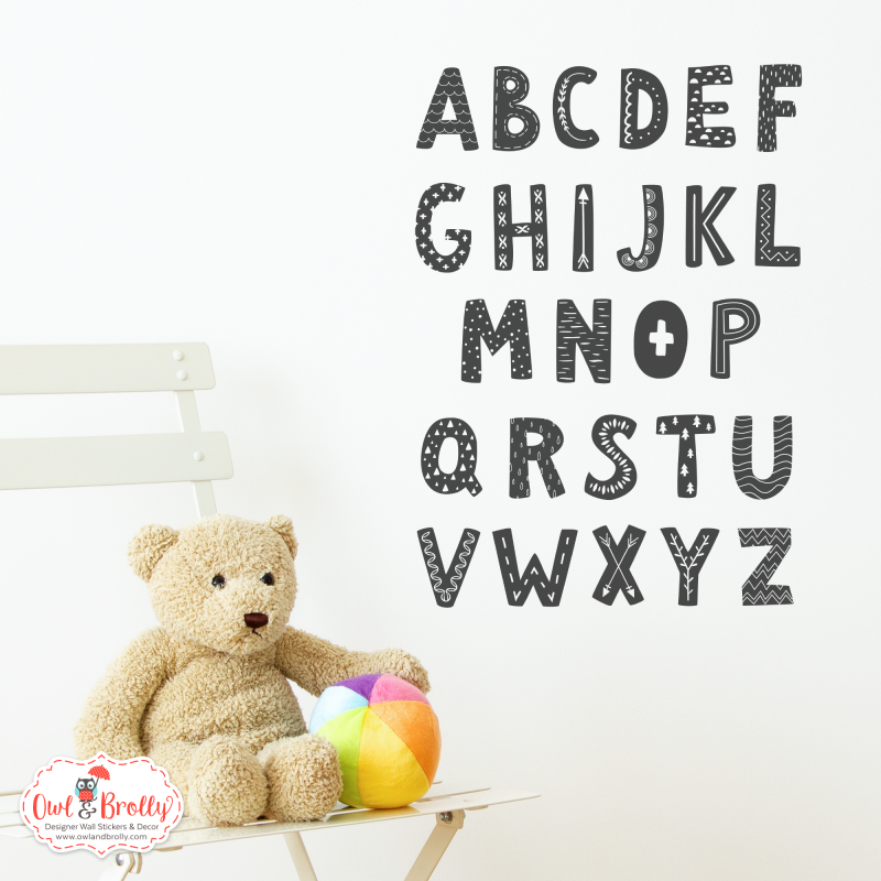 Alphabet wall sticker letters Scandi font in black and white Owl & Brolly