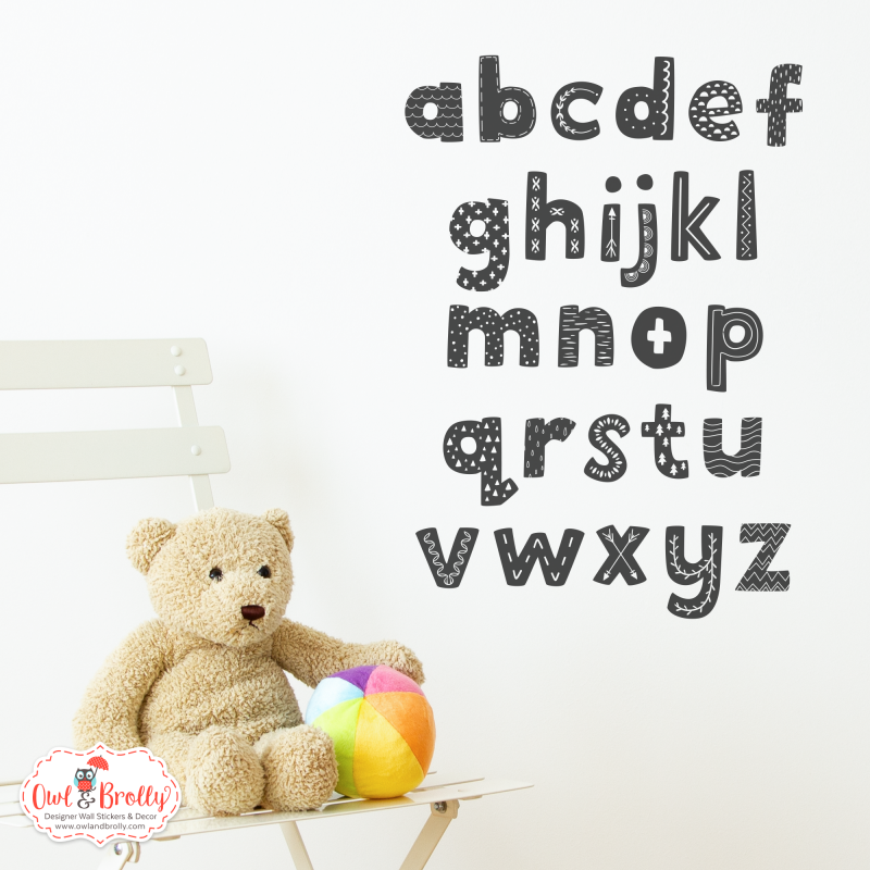 Alphabet wall sticker letters Scandi font in black and white Owl & Brolly