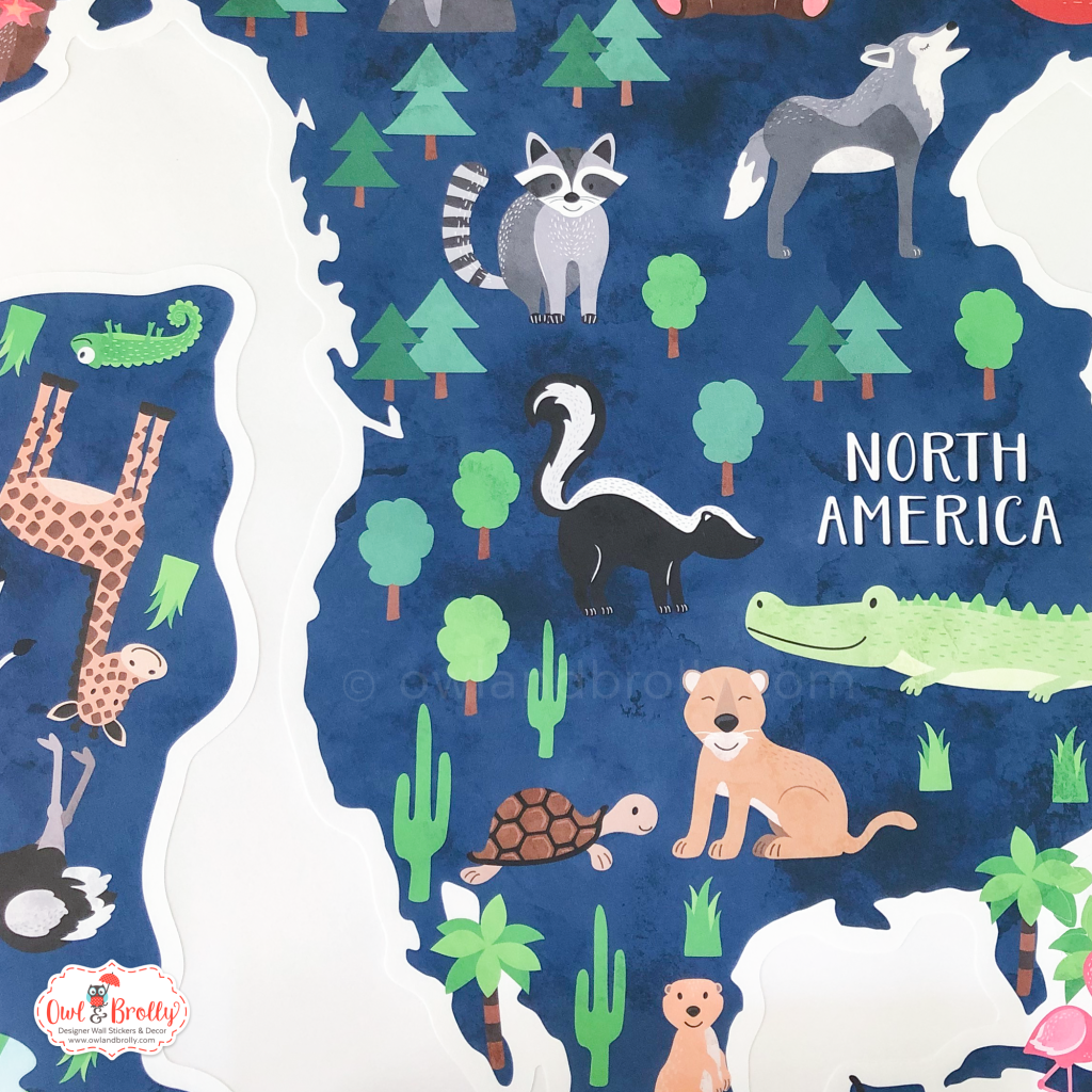 Animal World Map Wall Sticker Classic Blue – Owl & Brolly