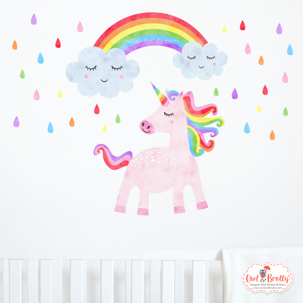 unicorn wall sticker with happy face rainbow and rain drops small