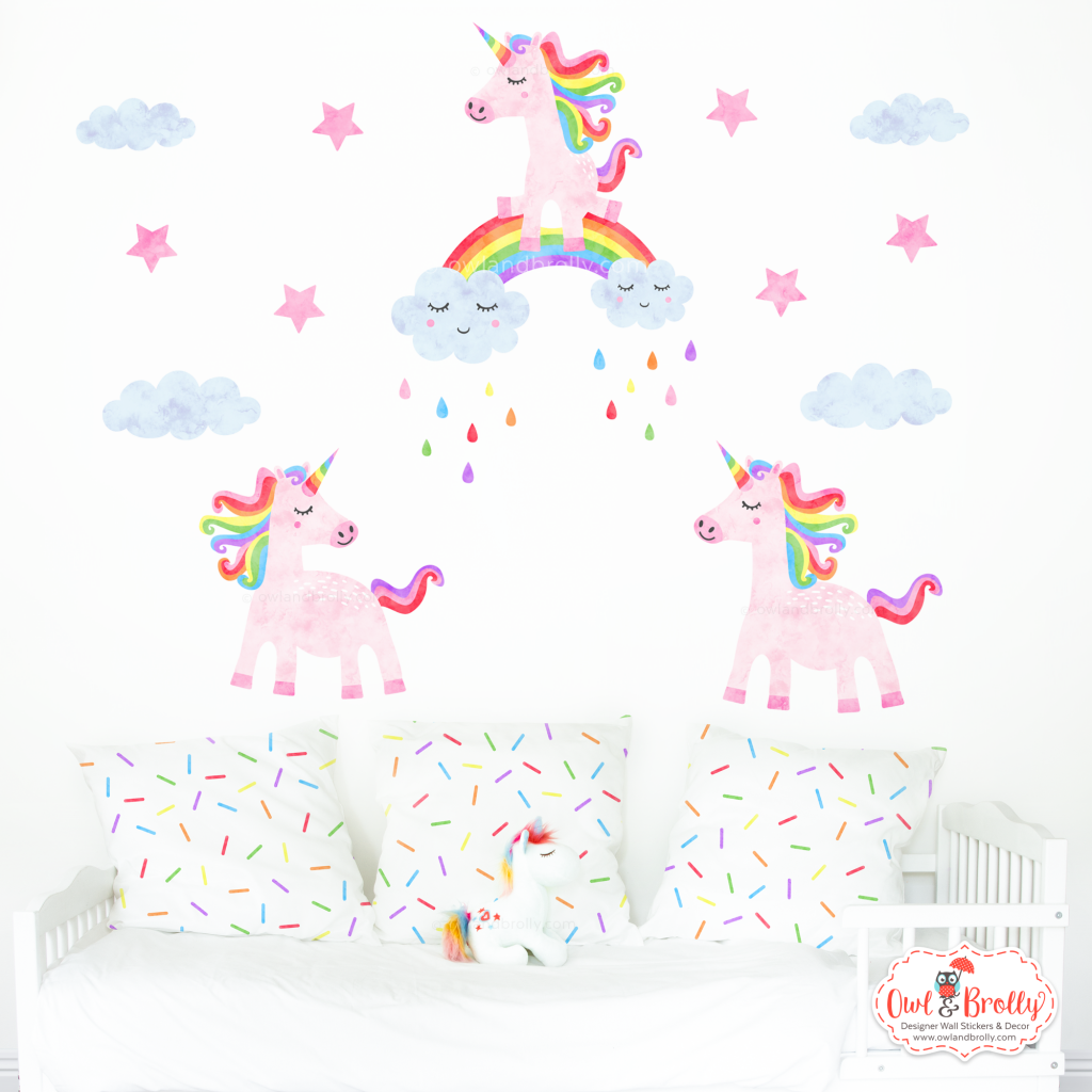 3 Unicorns Wall Sticker Decals in Pinks and Rainbow Colours (medium