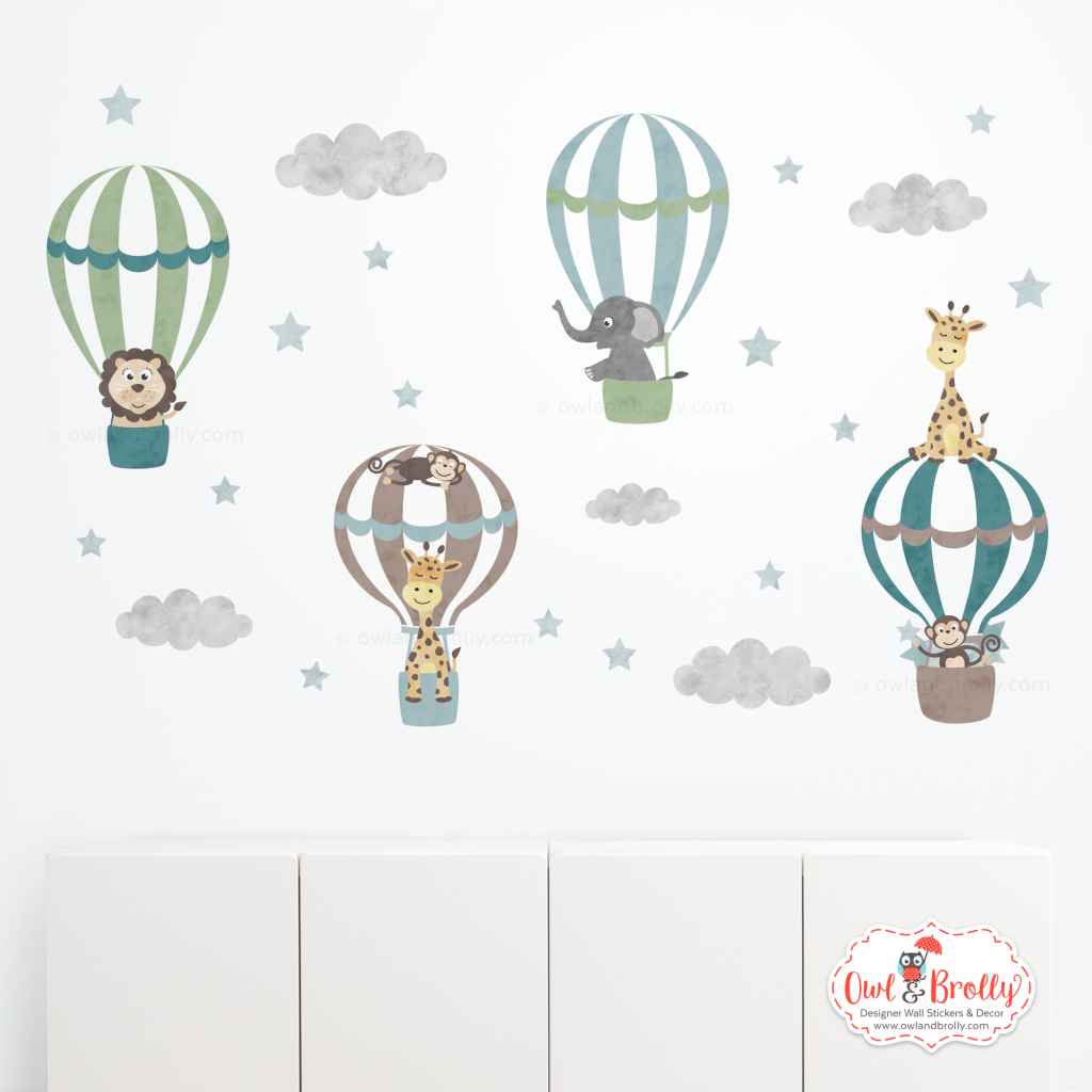 Jungle Animal Adventure Hot Air Balloons Wall Stickers (Muted Neutral