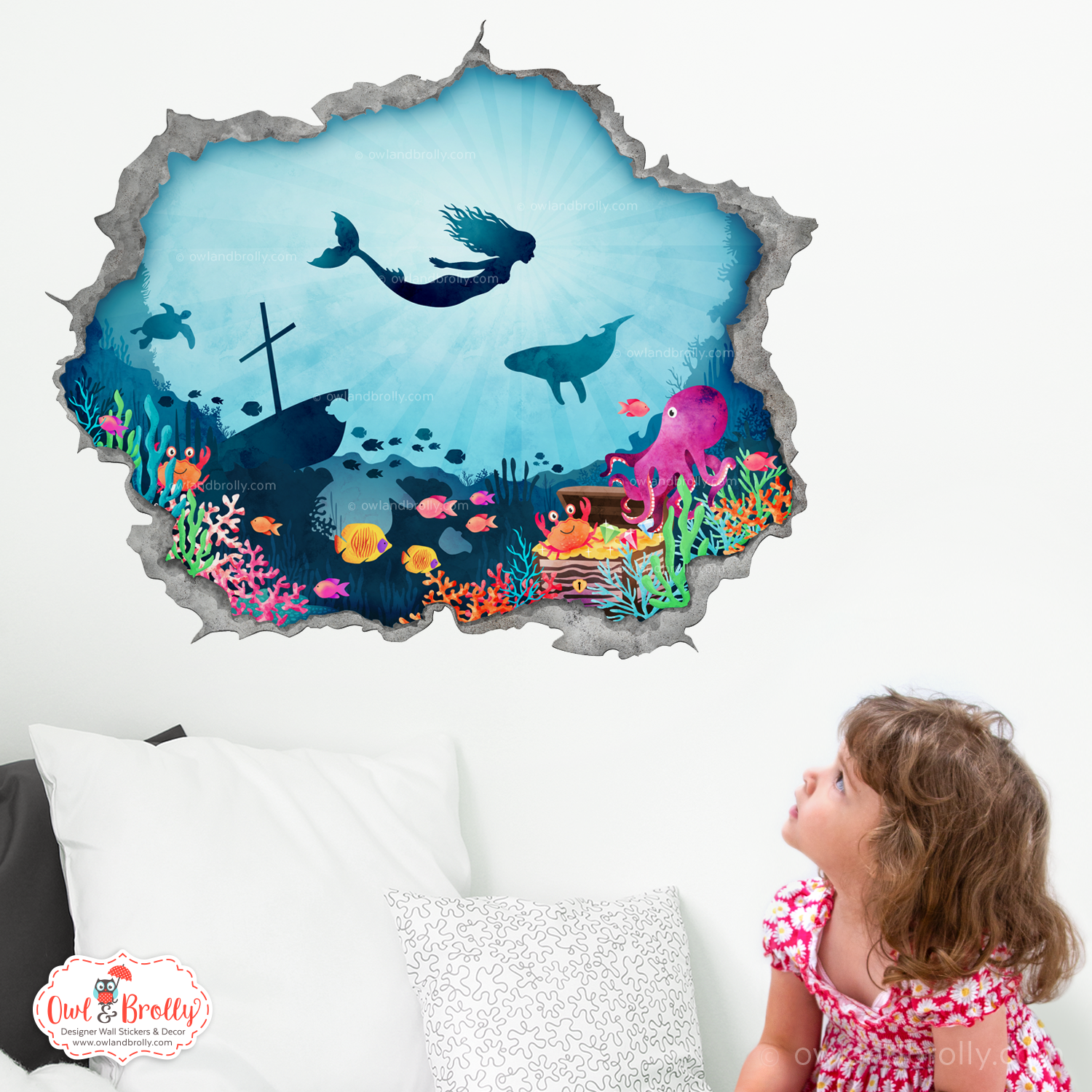 Hole in the wall effect wall sticker – under water animals with mermaid –  Owl & Brolly