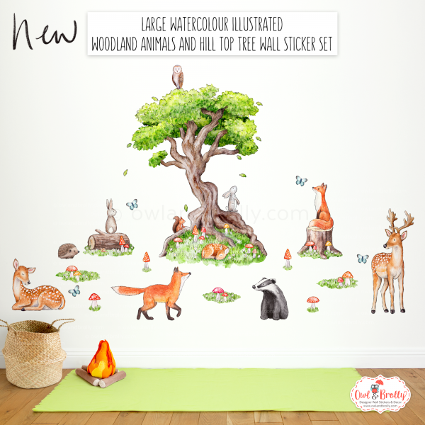 Woodland wall decals watercolour illustrated story book nursery wall decor