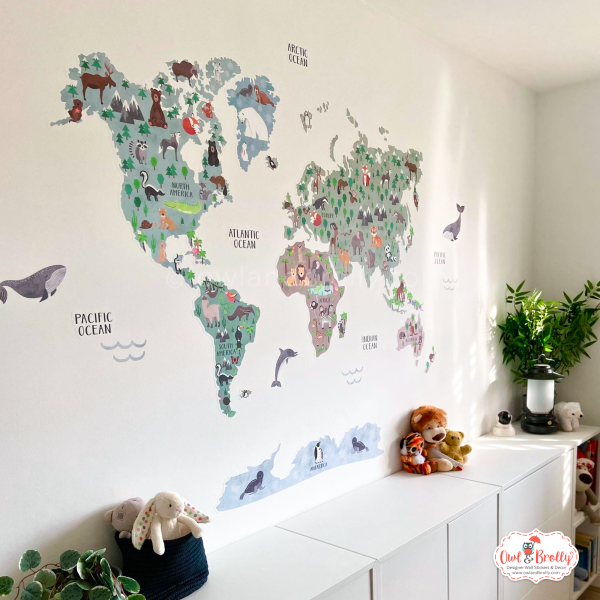 World map wall sticker decal in muted natural colours created by Owl and Brolly