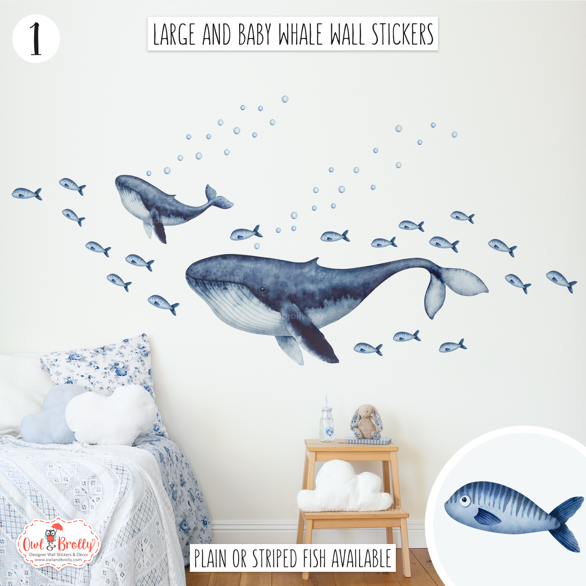 Watercolor Blue Whale Painting Wall Fabric Decal Set Sticker Baby