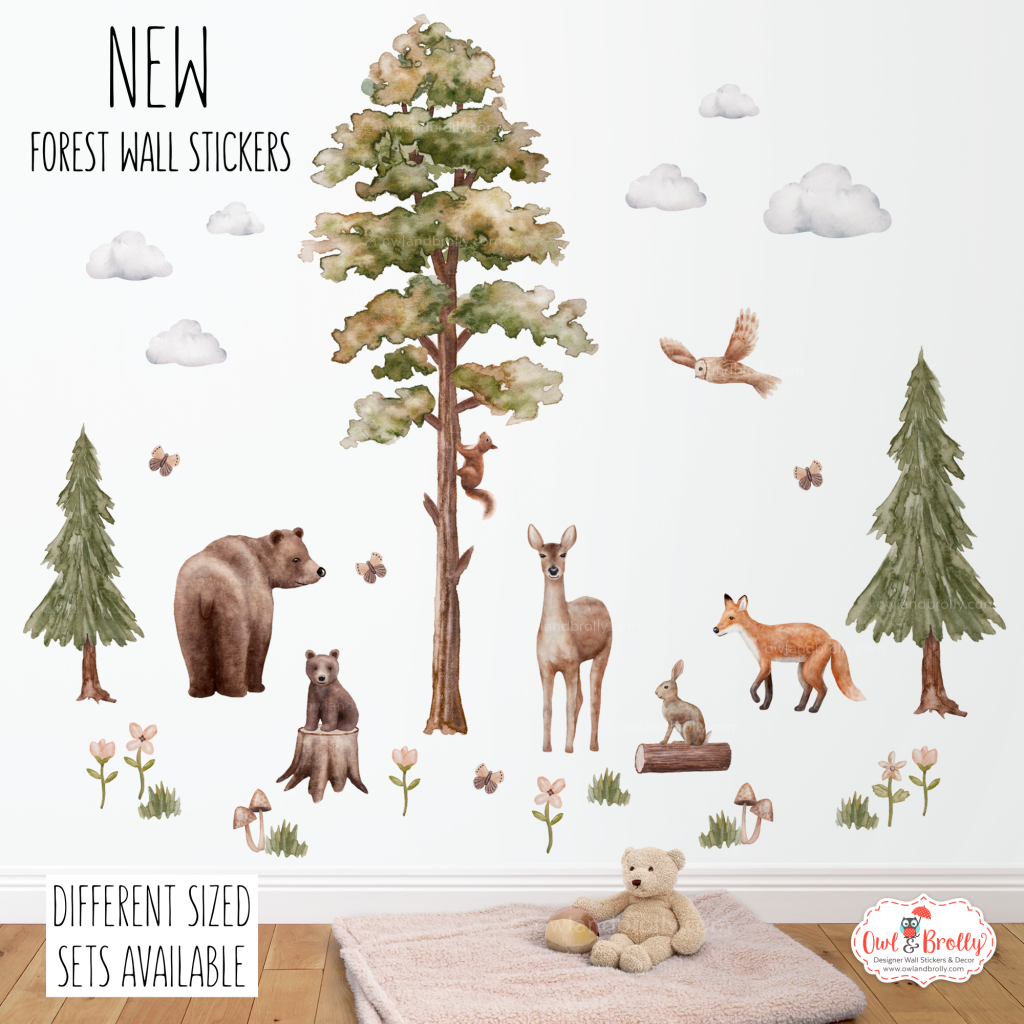 Watercolour Forest Animals Wall Stickers Decals Range (Large Set + Large Tall Tree) Owl & Brolly