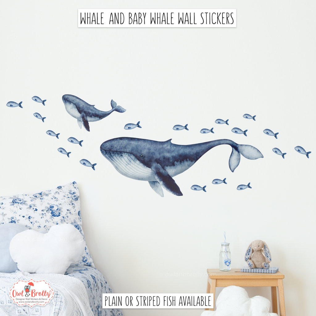 Watercolour Whale Wall Sticker Decals – Medium Set With Mother, Baby ...