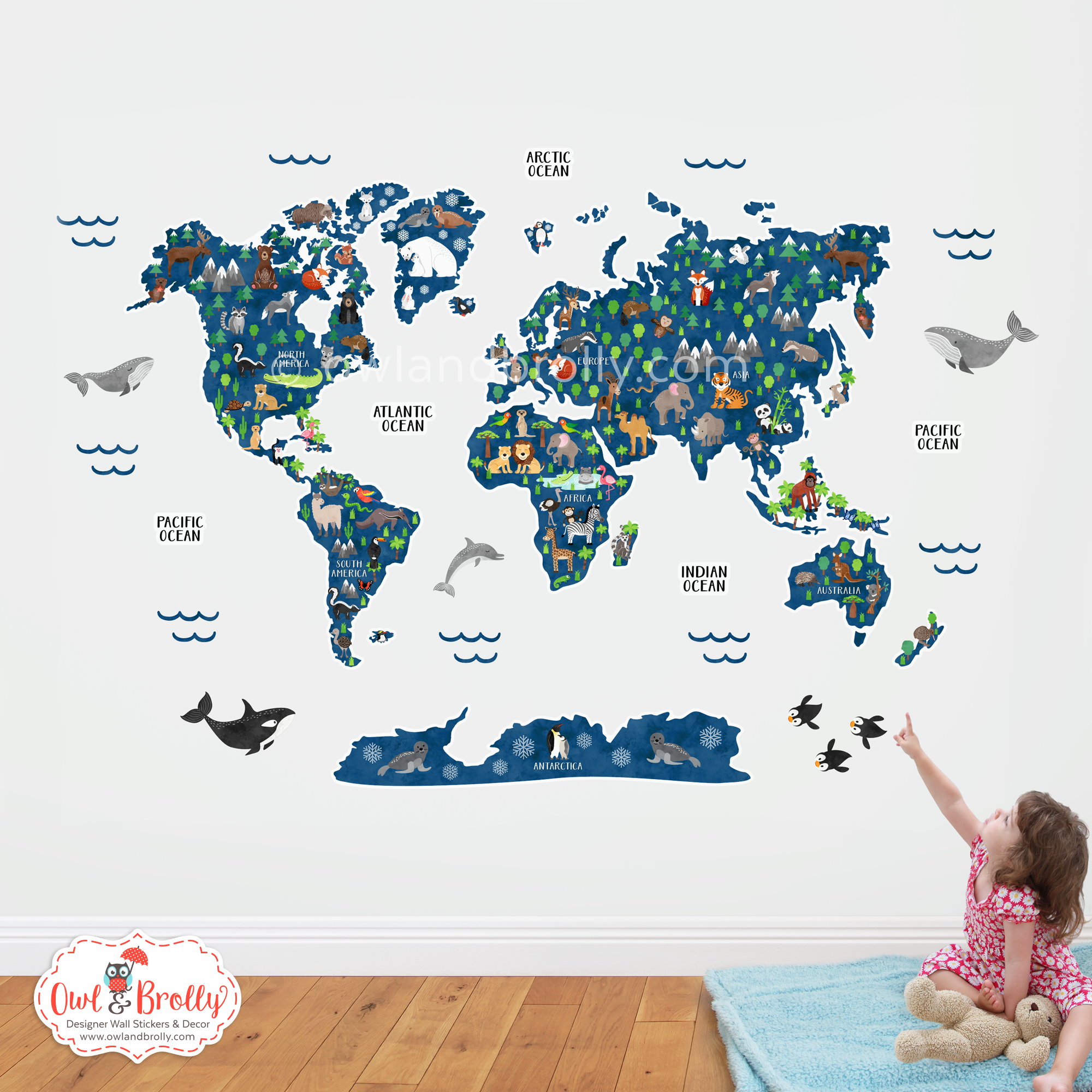 Animal World Map Wall Sticker Classic Blue – Owl & Brolly