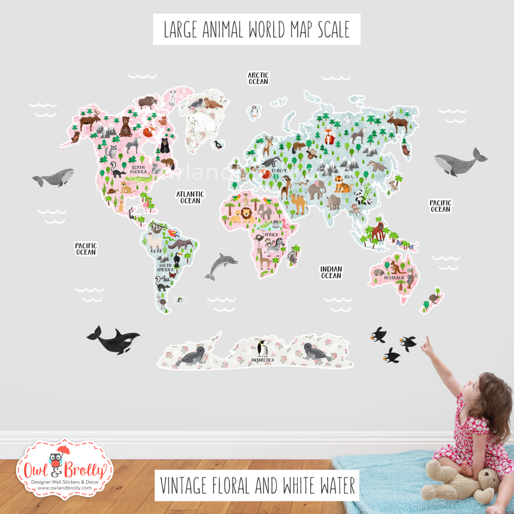 Animal World Map Wall Sticker in Vintage Shabby Floral Colours – Owl ...