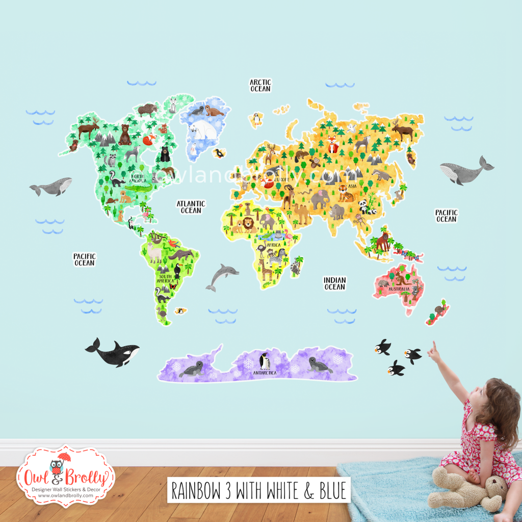 Rainbow Animal World Map Wall Sticker with Blue and White Water Owl