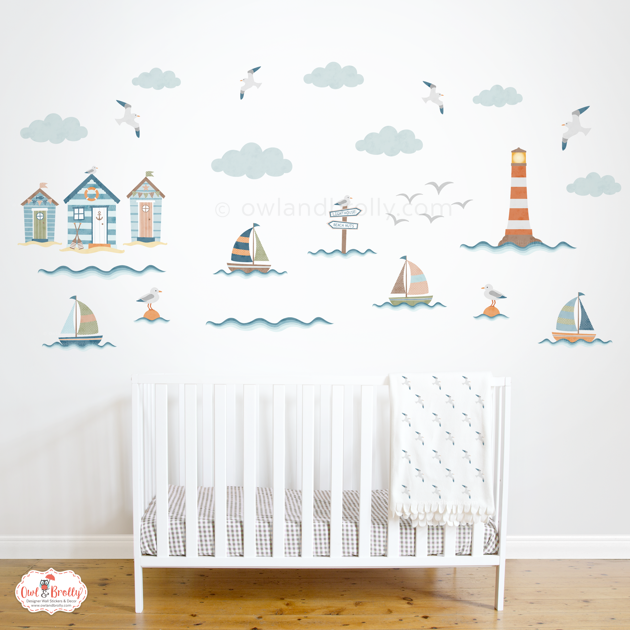 Beach Huts, Boats and Lighthouse Wall Stickers Scene (orange, aqua, brown and greens)