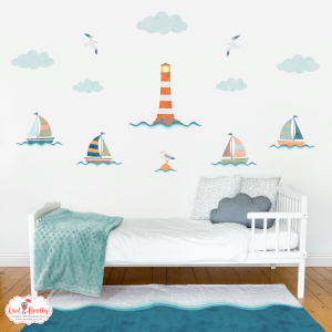Boats with Lighthouse and Seagulls Fabric Wall Stickers Scene (small scene) in orange, aqua brown and greens.
