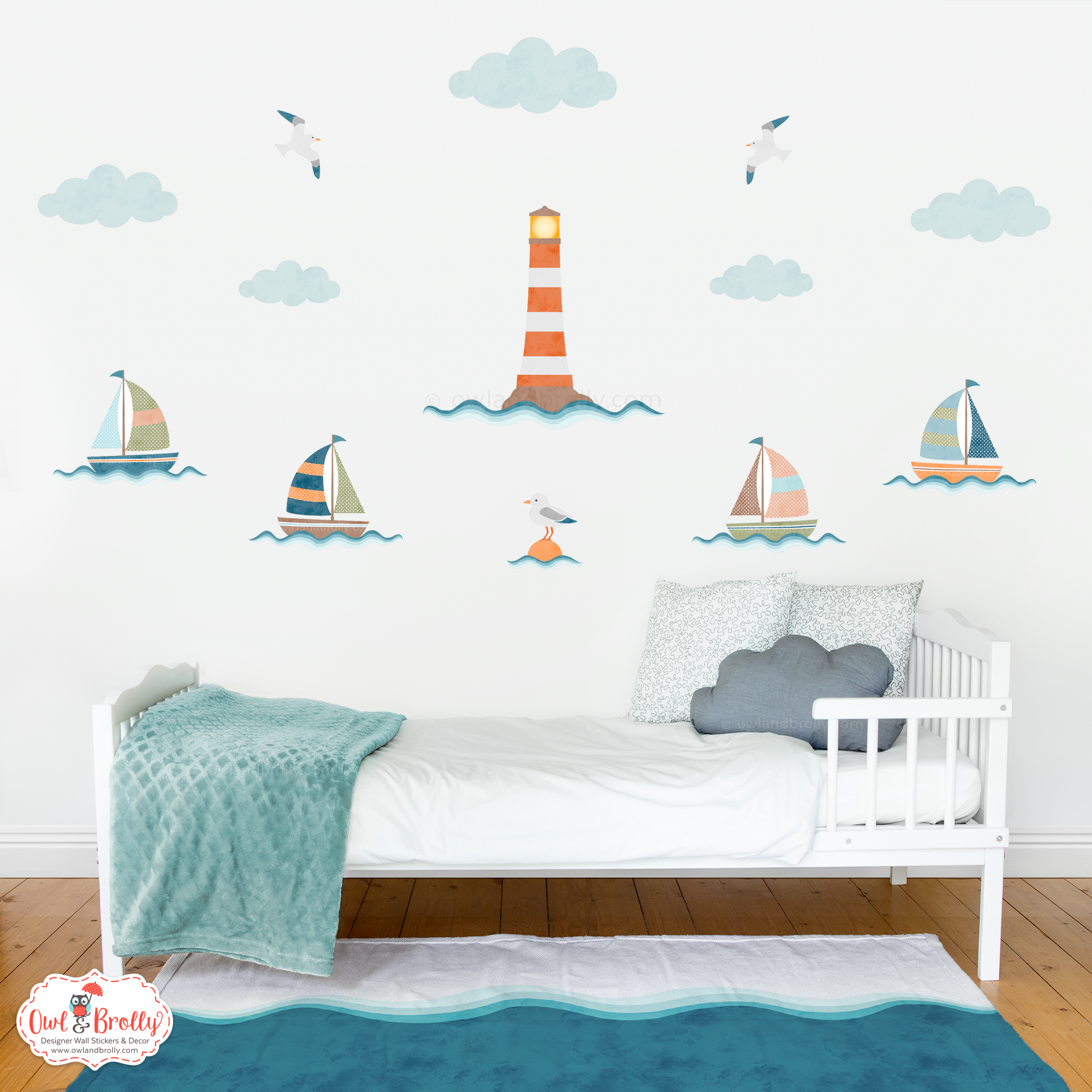 Boats with Lighthouse and Seagulls Fabric Wall Stickers Scene (small scene) in orange, aqua brown and greens.