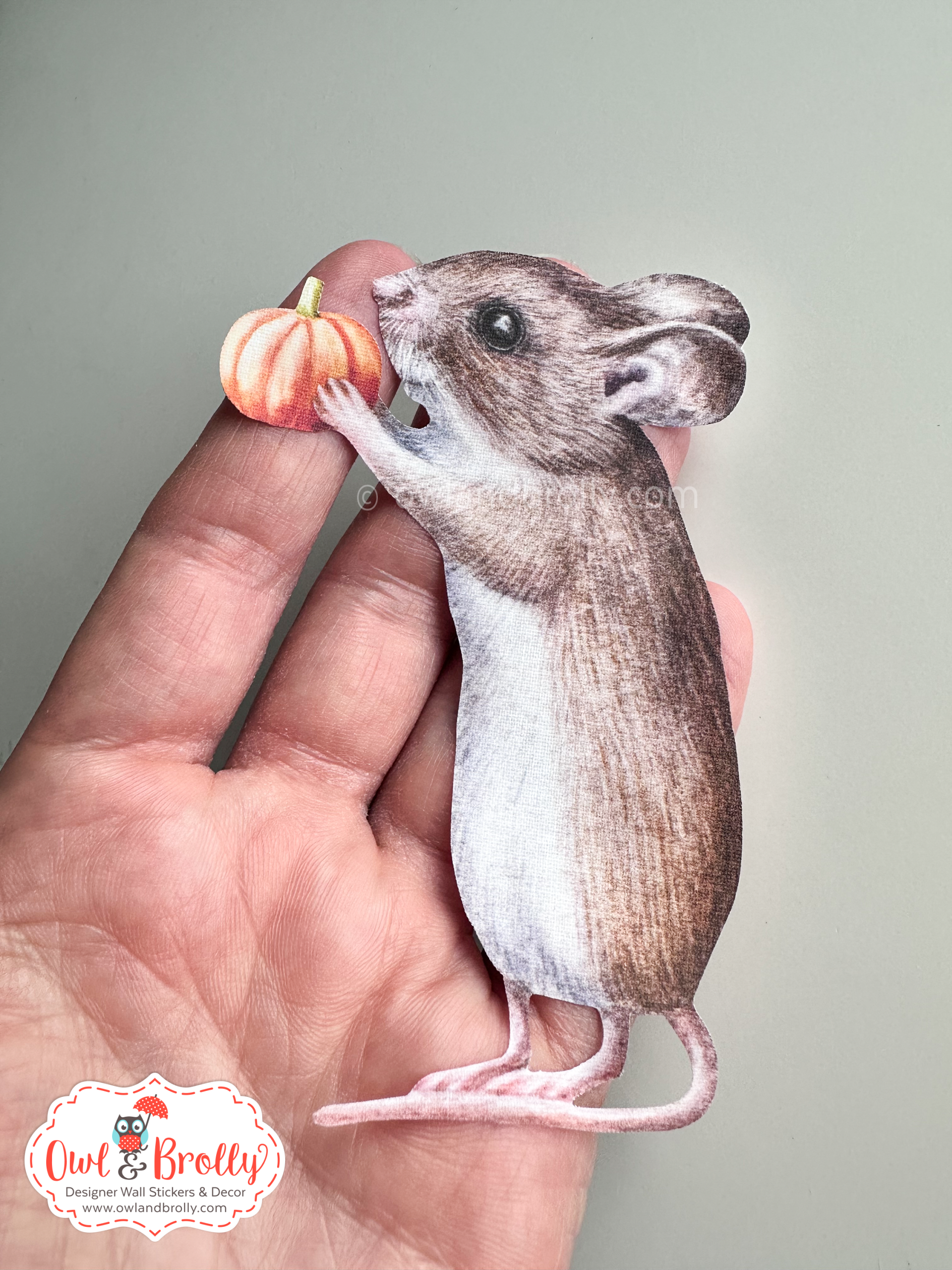Watercolour Mouse Holding Mini Pumpkin Wall Sticker